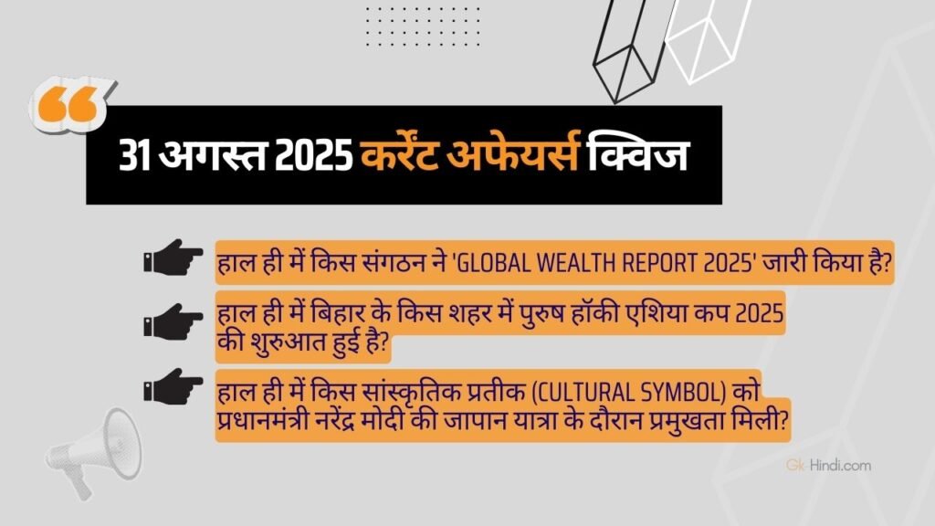 31 अगस्त 2025 कर्रेंट अफेयर्स क्विज | 31 August 2025 Current Affairs in Hindi